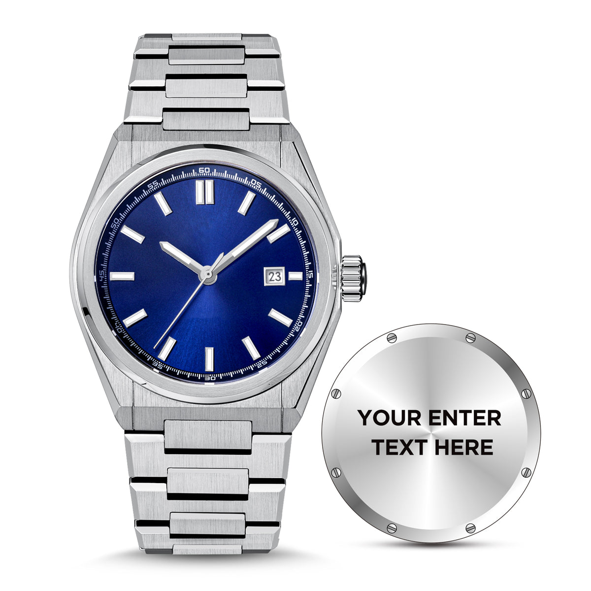USWEL Custom Own Watch, Original Design to Put Personal Texts on Back , Custom Special Gift for Important Person - 42MM - Model CU007 - Silver