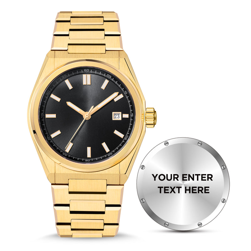 USWEL Custom Own Watch, Original Design to Put Personal Texts on Back , Custom Special Gift for Important Person - 42MM - Model CU007 -Gold