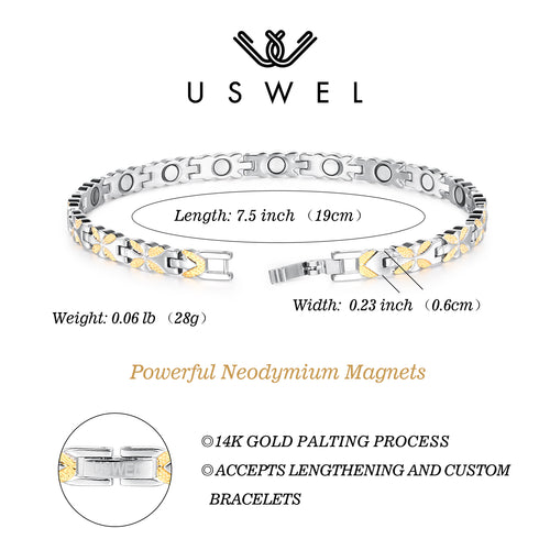 USWEL Magnetic Therapy Bracelet for Women, Pain Relieving for Carpal Tunnel and Arthritis, Balance Wrist Band for Blood Pressure and Fatigue，Adjustable Bracelet Length with Sizing Tool for Perfect Fit--UJ002 2 tones