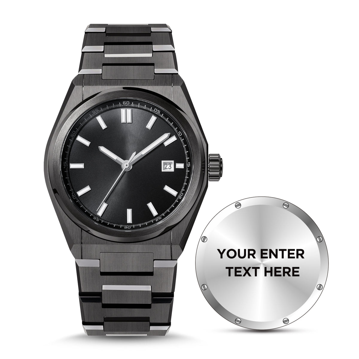 USWEL Custom Own Watch, Original Design to Put Personal Texts on Back , Custom Special Gift for Important Person - 42MM - Model CU007 -Black