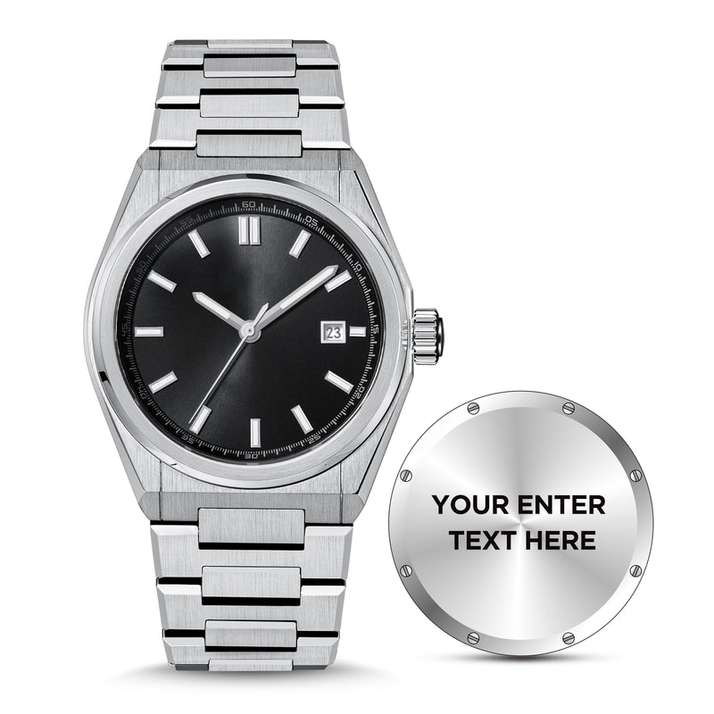USWEL Custom Own Watch, Original Design to Put Personal Texts on Back , Custom Special Gift for Important Person - 42MM - Model CU007 - Silver