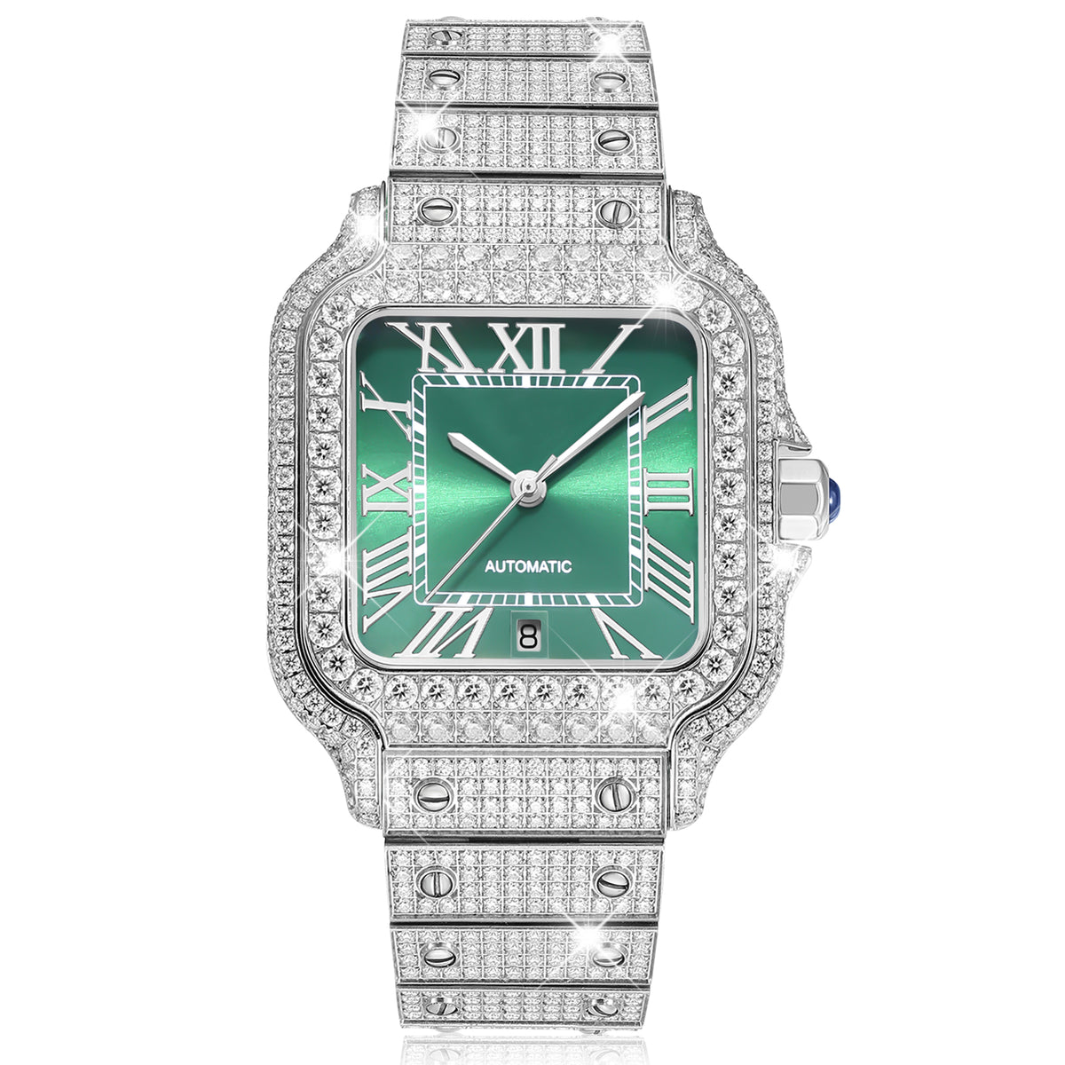 USWEL Personalized Moissanite Watch with Custom Texts on Dial or Back-Green