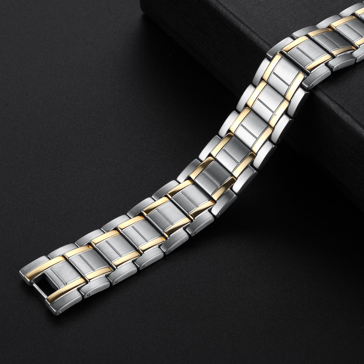USWEL Max Energy Magnetic Therapy Titanium Bracelet for Men (2 Tones 18K gold), Jewelry Gift for Father and Husband, Pain Relieve For Arthritis and Carpal Tunnel