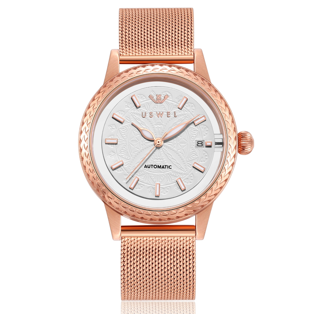 USWEL Skeleton Back Automatic Mechanical Watch with Rose Gold Milanese Mesh Strap