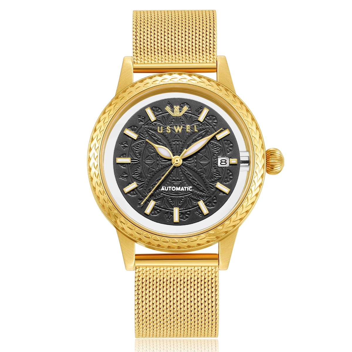 USWEL Skeleton Back Automatic Mechanical Watch with Milanese Mesh Strap (Black Gold)
