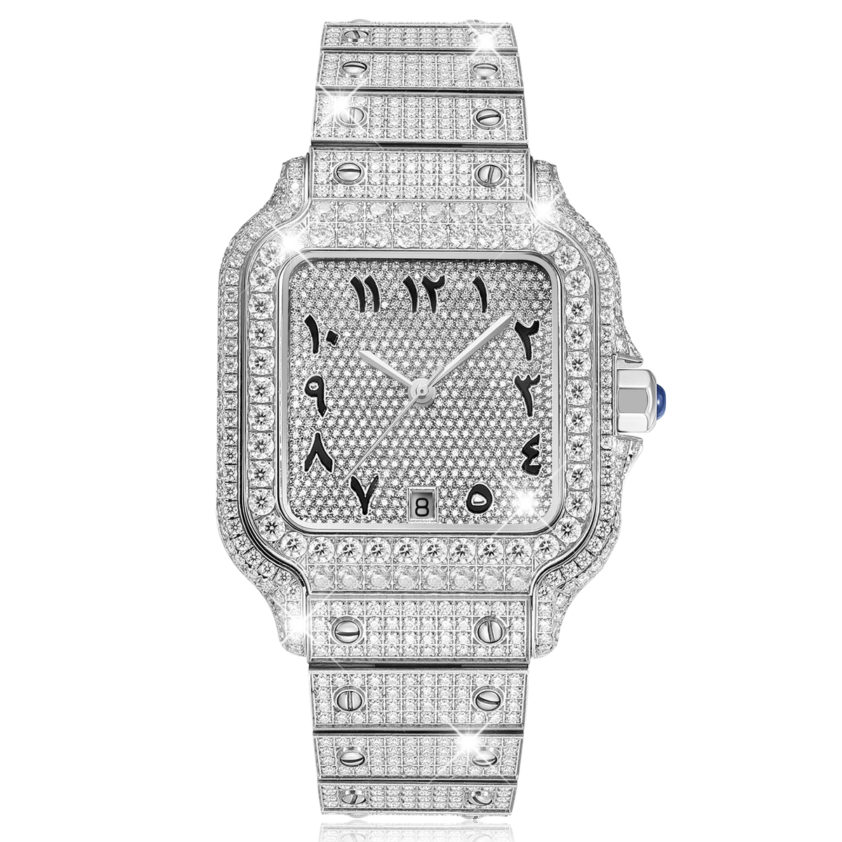 USWEL Personalized Moissanite Watch with Black Arabic Numbers