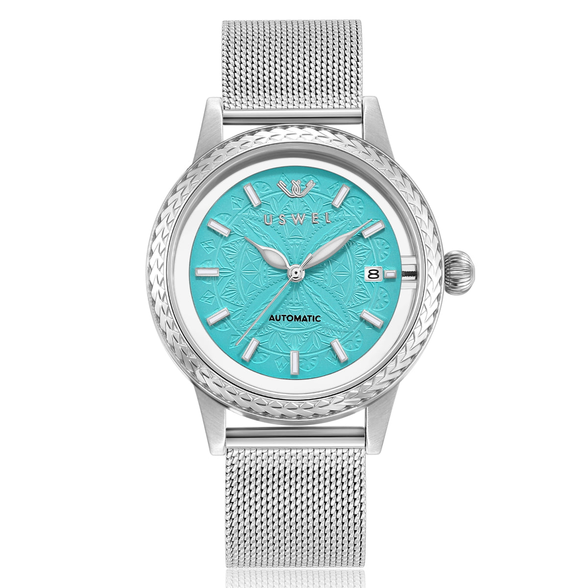 USWEL Skeleton Back Automatic Mechanical Watch with Silver Milanese Mesh Strap