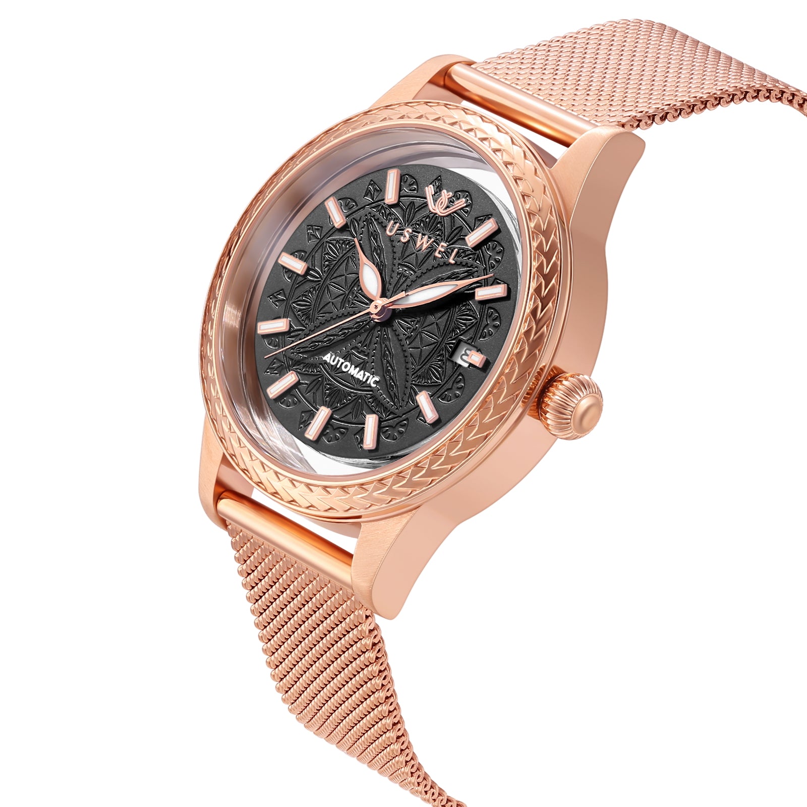 USWEL Automatic Mechanical Wrist Watch for Men with Star Dust Dial, Fashion Self-Winding Watches for Men Stainless Steel Waterproof Luminous Sapphire