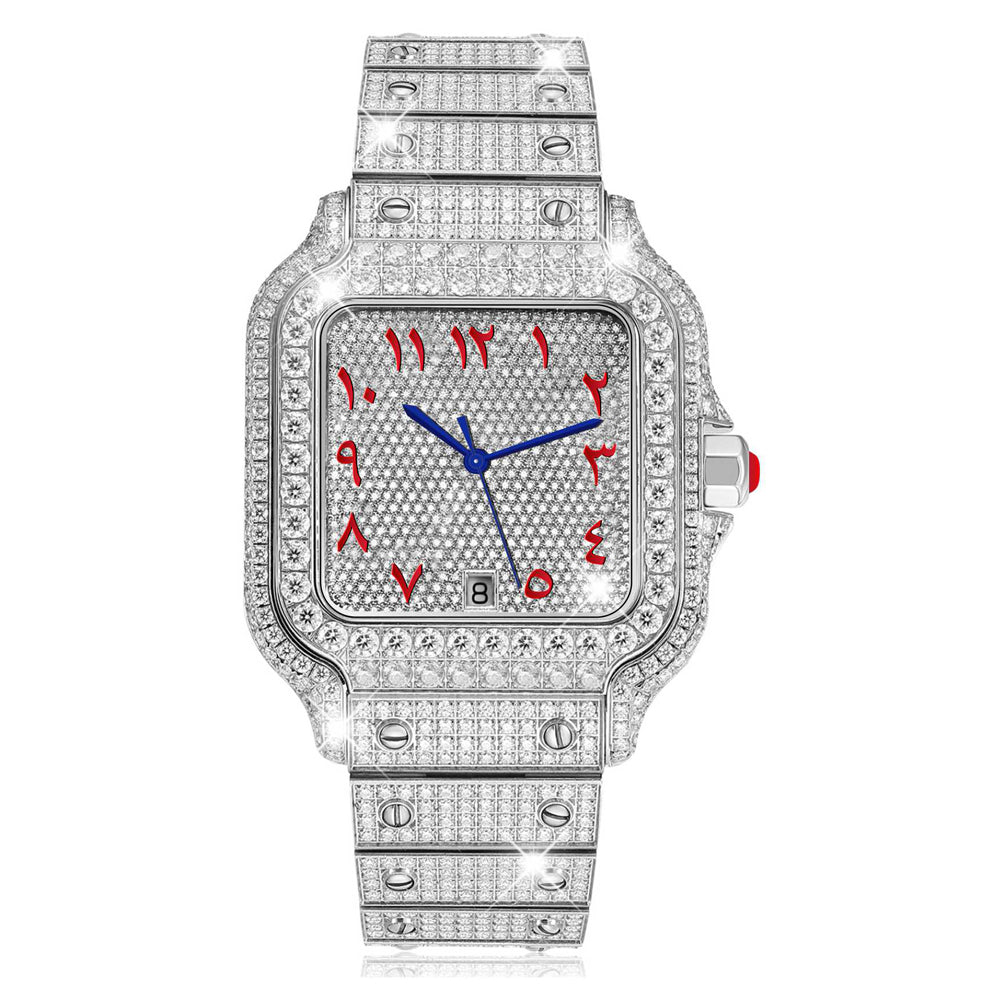 USWEL Personalized Moissanite Watch with Red Arabic Numbers