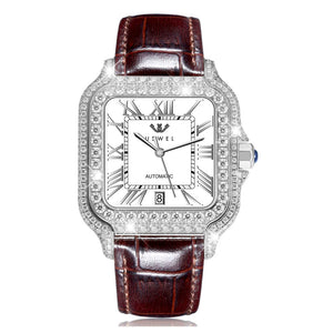 USWEL Personalized Moissanite Watch with Custom Engraving on Back-Brown