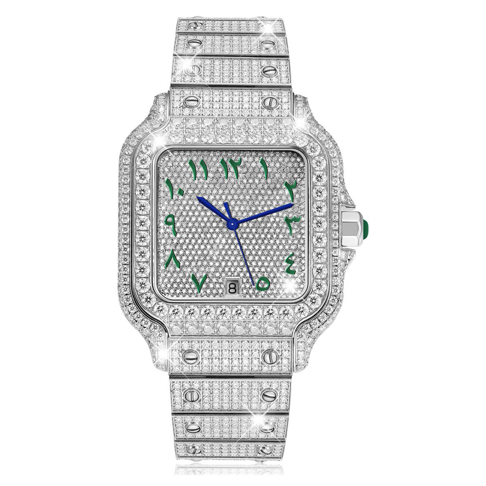 USWEL Personalized Moissanite Watch with Green Arabic Numbers
