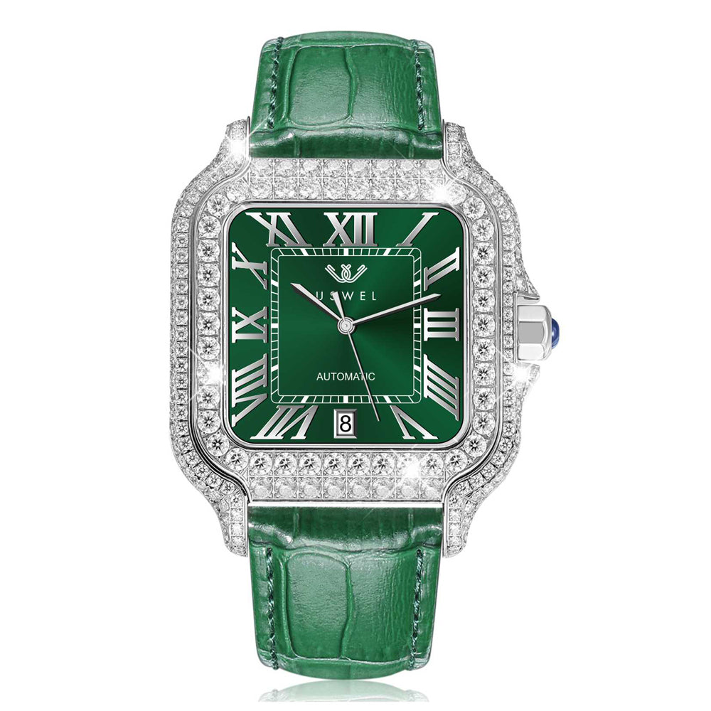 USWEL Personalized Moissanite Watch with Custom Engraving on Back-Green