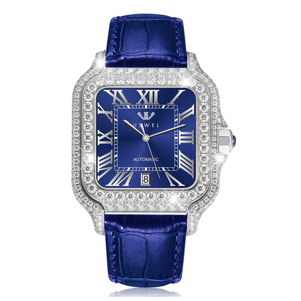 USWEL Personalized Moissanite Watch with Custom Engraving on Back-Blue
