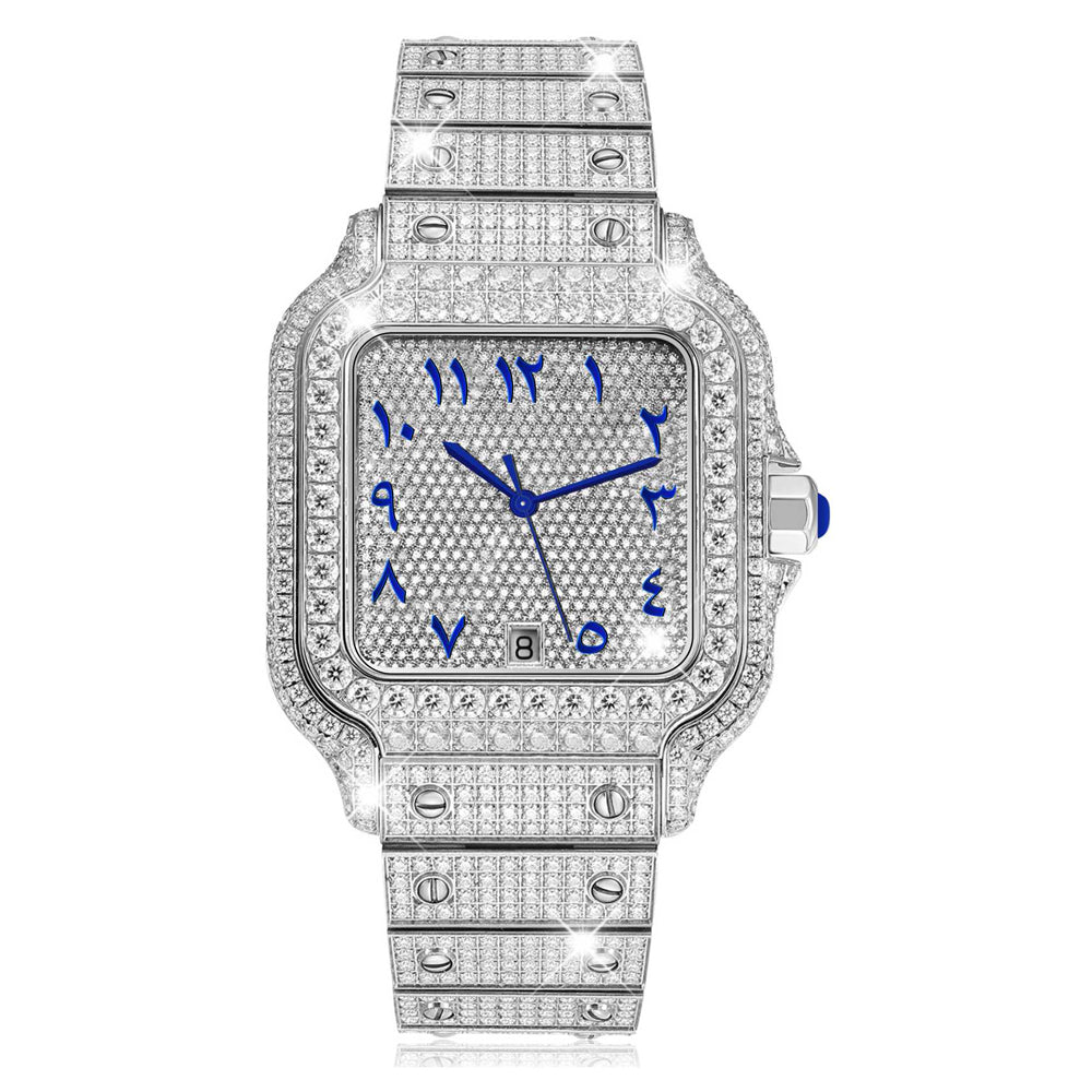 USWEL Personalized Moissanite Watch with Blue Arabic Numbers