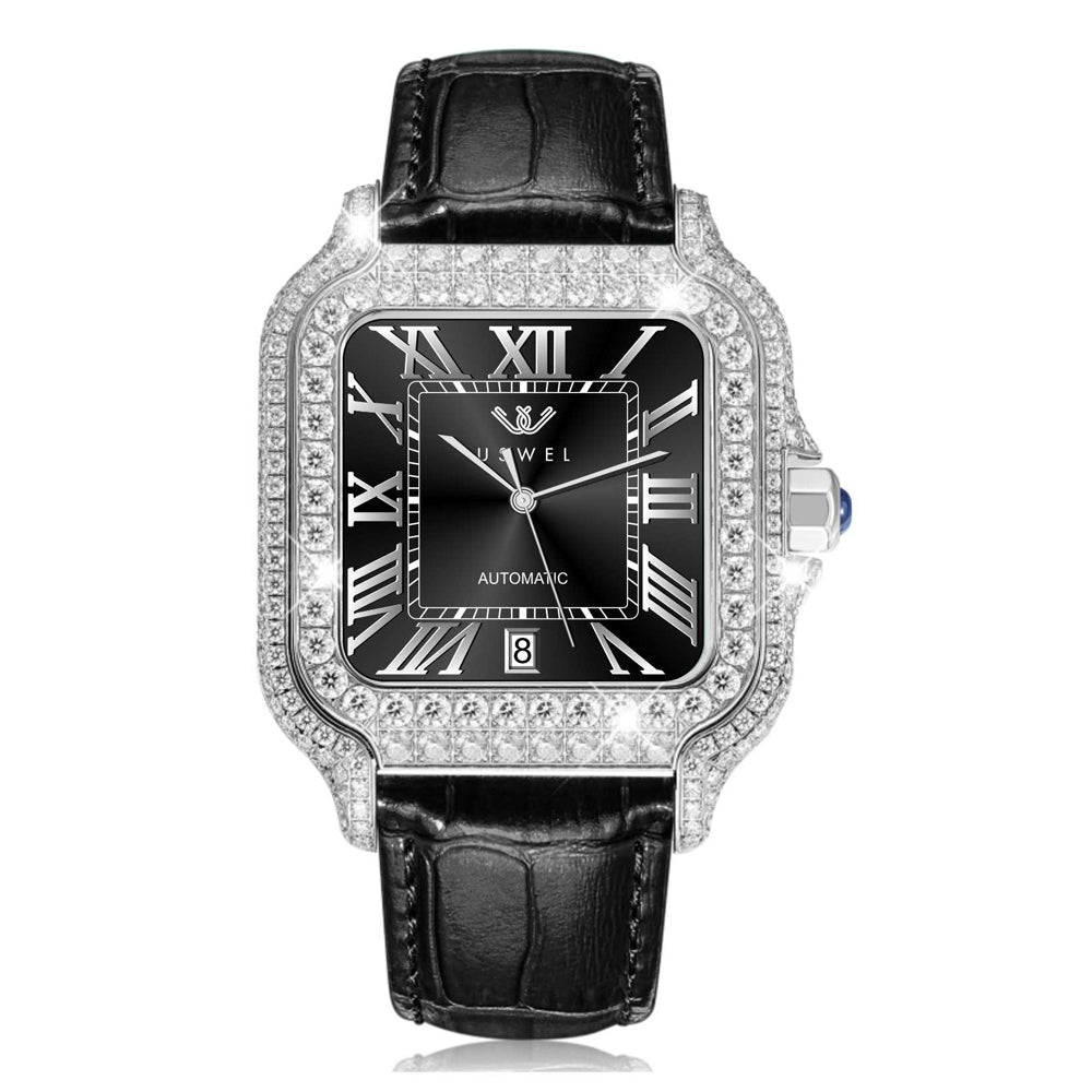 USWEL Personalized Moissanite Watch with Custom Engraving on Back-Black