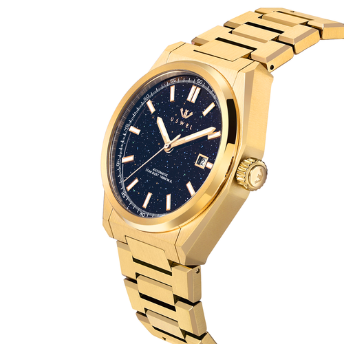 USWEL Star Dust All Steel Automatic Watch for Men 2 Years Warranty-Aventurine  Blue- ( gold )