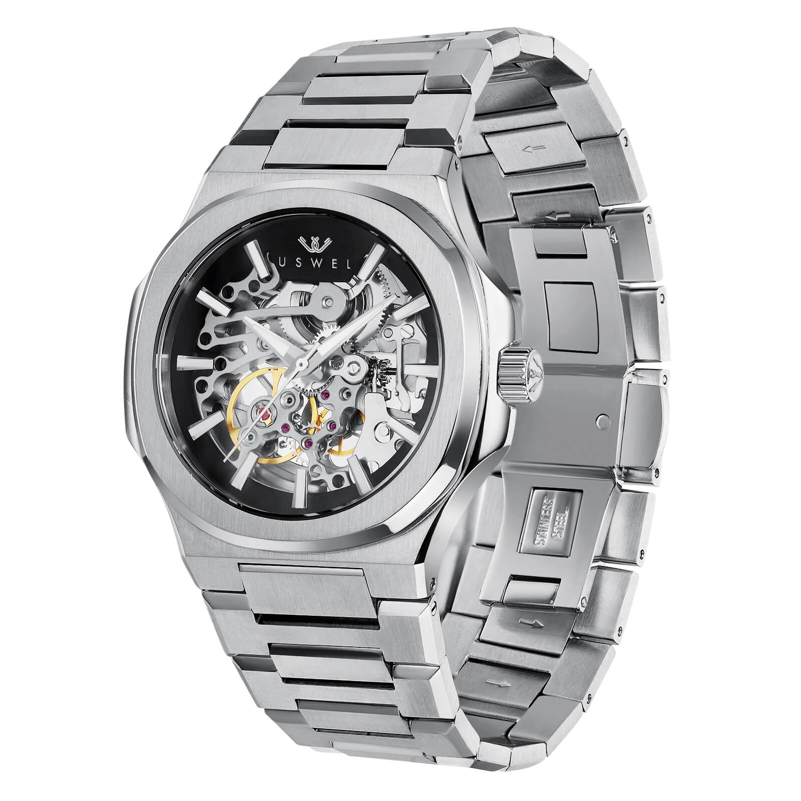 USWEL Automatic Mechanical Wrist Watch for Men with Star Dust Dial, Fashion Self-Winding Watches for Men Stainless Steel Waterproof Luminous Sapphire